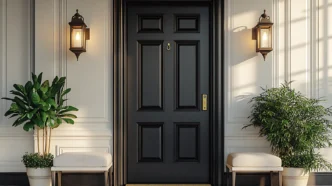 Elegant black front door welcomes guests with inviting curb appeal. This stylish entrance showcases a modern facade with lanterns, potted plants, and comfortable seating.
