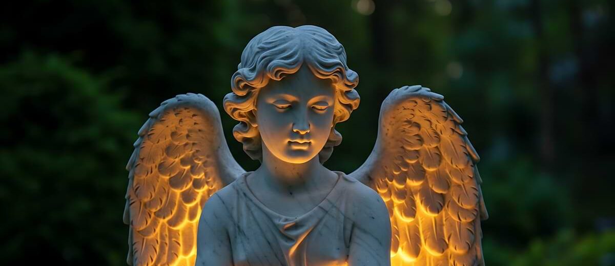 Angel statue gently illuminated by outdoor lighting.