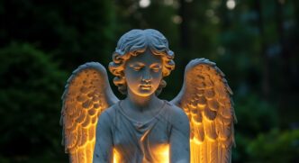 Angel statue gently illuminated by outdoor lighting.