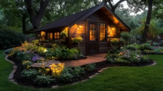 Cabin-like backyard shed with lanterns flanking the door and landscape lights woven throughout surrounding lavish gardens.