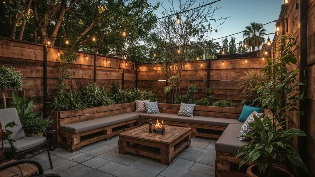 Outdoor string lights draped over a sectional bench-anchored backyard patio.