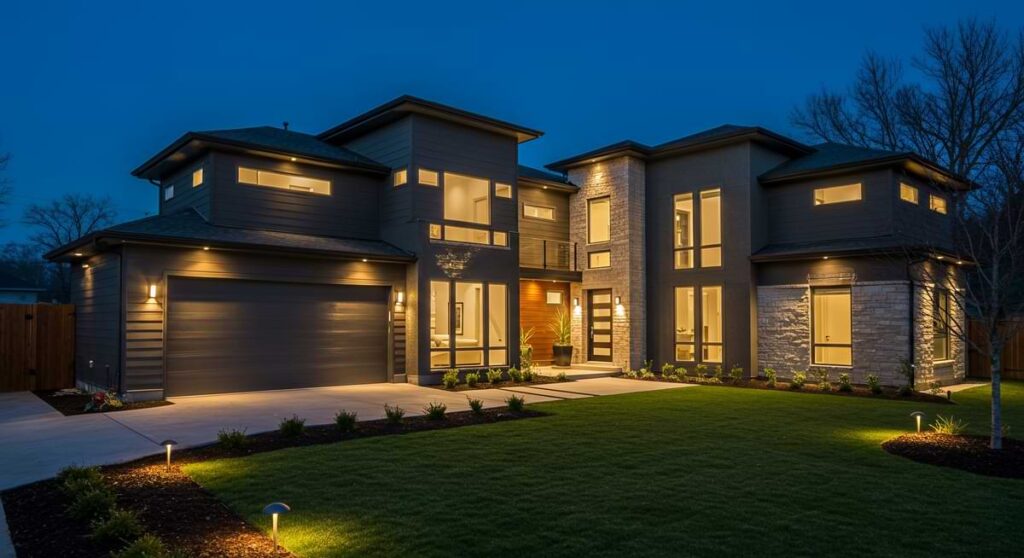 Front yard of opulent, modern two-story home with landscape lights festooned throughout the property.