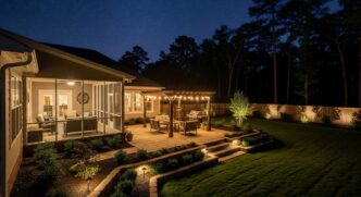 Residential backyard at night complete with a deck-style patio illuminated with patio string lights and path lights for guiding traffic as well as uplights illuminating a wood fence perimeter.