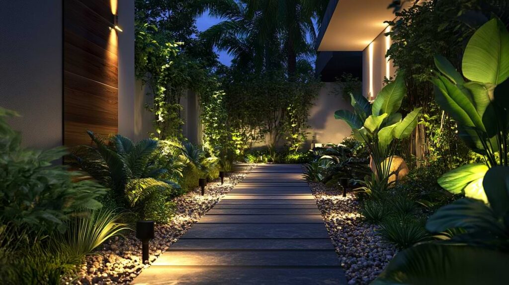 Foliage flanking a backyard pathway lined with path lights.