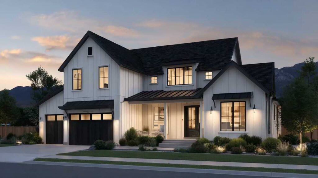 Modern suburban farmhouse at dusk festooned with black light fixtures. 