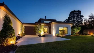 Beautiful middle class home at dusk illuminated by landscape lights.
