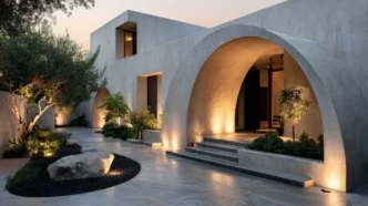 Exterior of modern, stone house with a large archway entrance and lights strewn about the property beset with rocks, trees, and a japanese garden in the front patio.