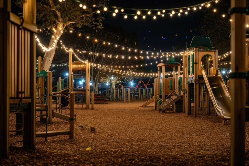 Suspended string lights tethering two wood play castles at a public playground at night. 