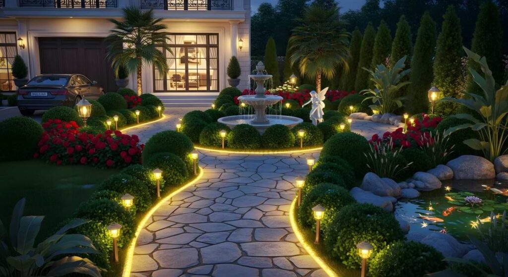 Path lights flanking a flagstone pathway that leads to a garden with a statue anchored by an elaborate three-tier fountain.