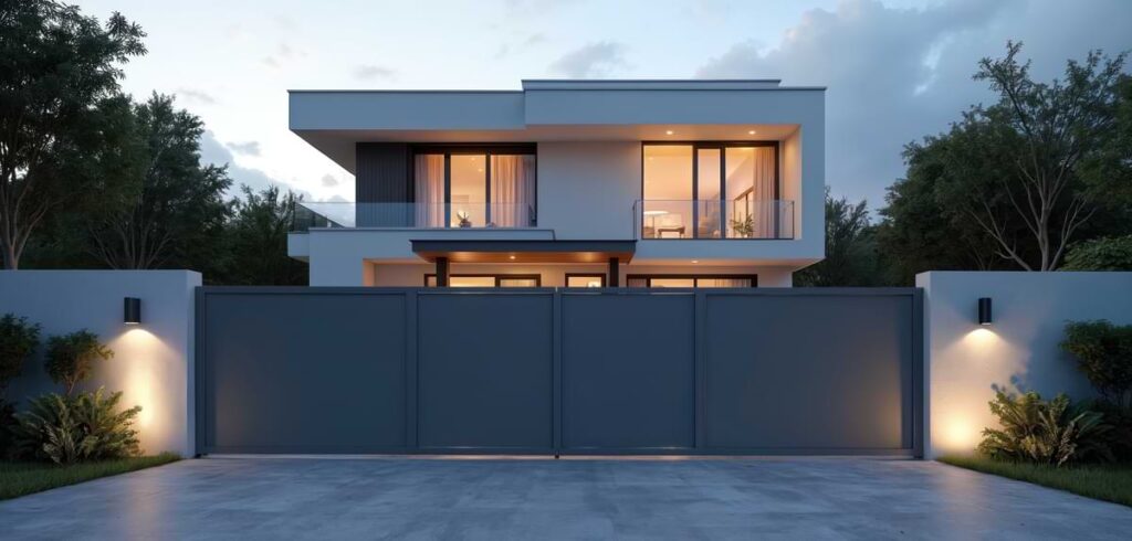 Solid iron-panel gate leading flanked by two white retaining walls with black sconce lights on the wall and a modern white two-story house in the background. 