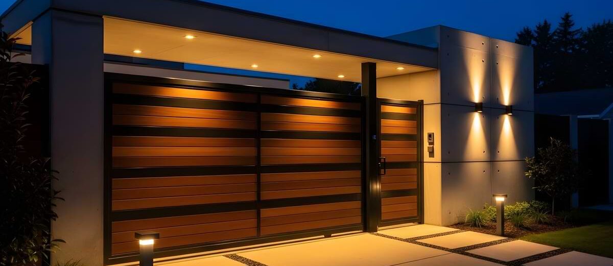 Modern, wood paneled and iron gate at the entrance of a home with path lights flanking the driveway and sconce lights on a gate-adjacent wall.