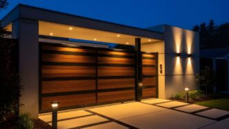 Modern, wood paneled and iron gate at the entrance of a home with path lights flanking the driveway and sconce lights on a gate-adjacent wall.