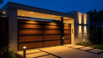 Modern, wood paneled and iron gate at the entrance of a home with path lights flanking the driveway and sconce lights on a gate-adjacent wall.