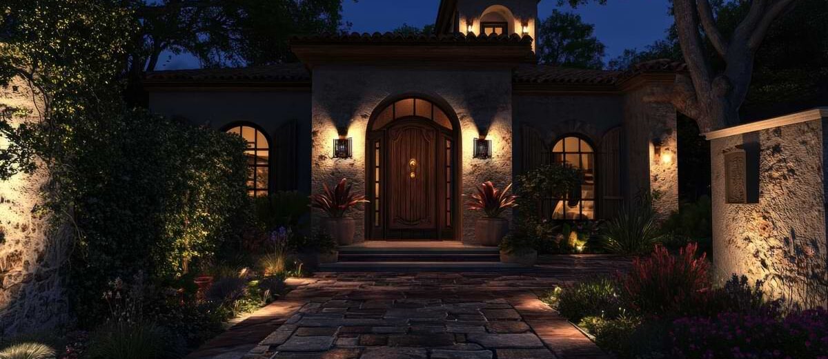 Front of Mediterranean style home with dimmed landscape lights.