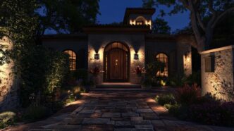 Front of Mediterranean style home with dimmed landscape lights.