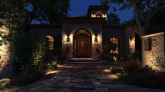 Front of Mediterranean style home with dimmed landscape lights.