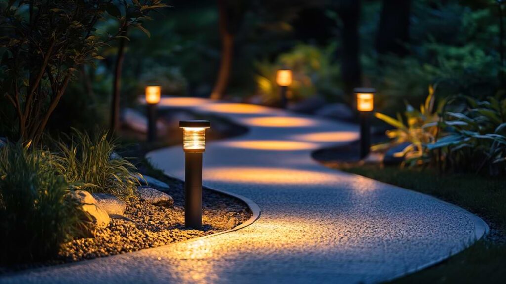 Cylindrical bollard path lights staggered along a winding backyard pathway. 
