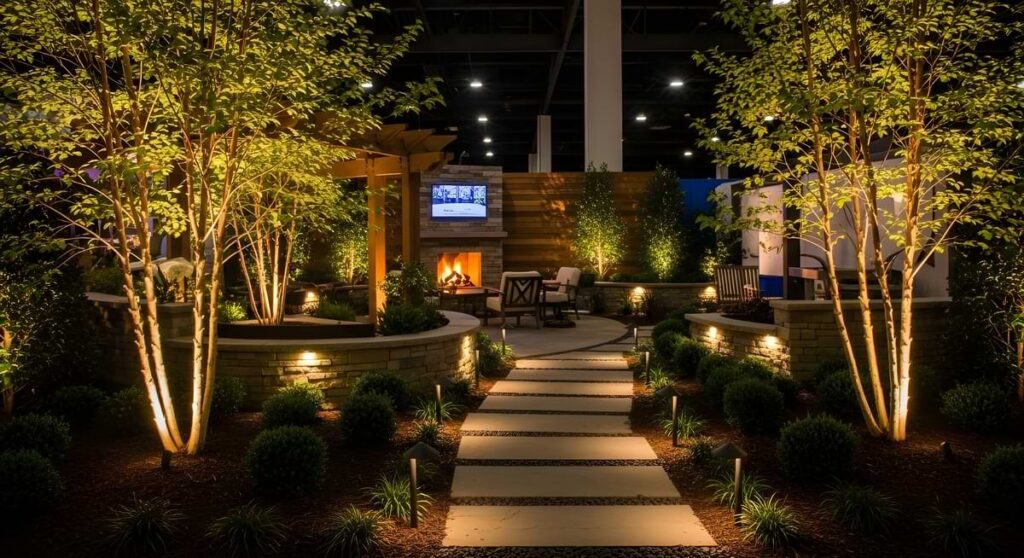 Traditional path lights lining a sidewalk leading to a TV-anchored backyard patio.