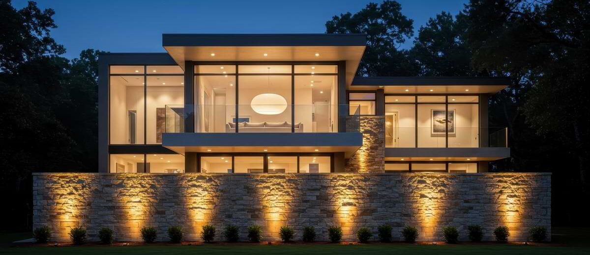 Inground lighting uplighting a backyard flagstone retaining wall at night.