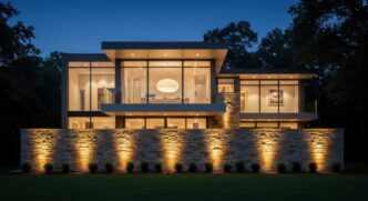 Inground lighting uplighting a backyard flagstone retaining wall at night.