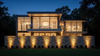 Inground lighting uplighting a backyard flagstone retaining wall at night.