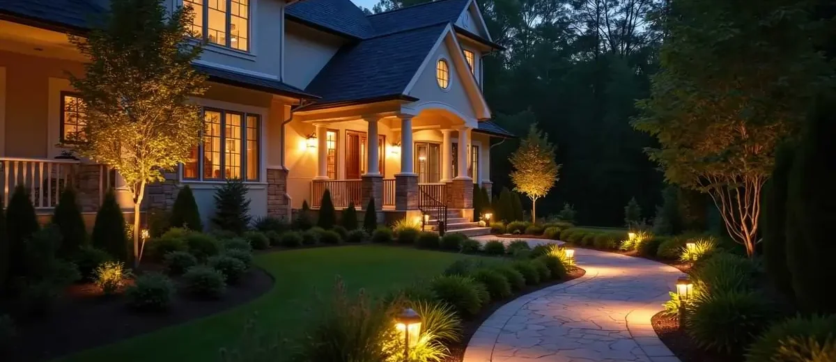 Suburban upper middle class home bedecked with outdoor lights, including led path lights lining a brick sidewalk leading to a front porch with white columns.