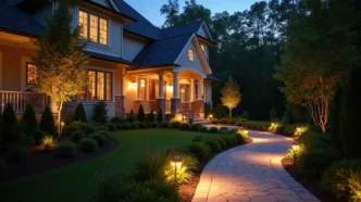 Suburban upper middle class home bedecked with outdoor lights, including led path lights lining a brick sidewalk leading to a front porch with white columns.