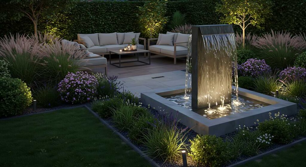 Backyard patio with a garden chasing the perimeter and a waterfall pond at the foreground with underwater lights at the bottom of the fall. 