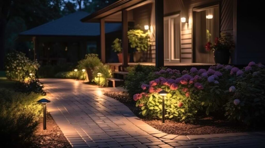 Path lights flanking a front brick walkway in front of a middle class ranch style home porch.