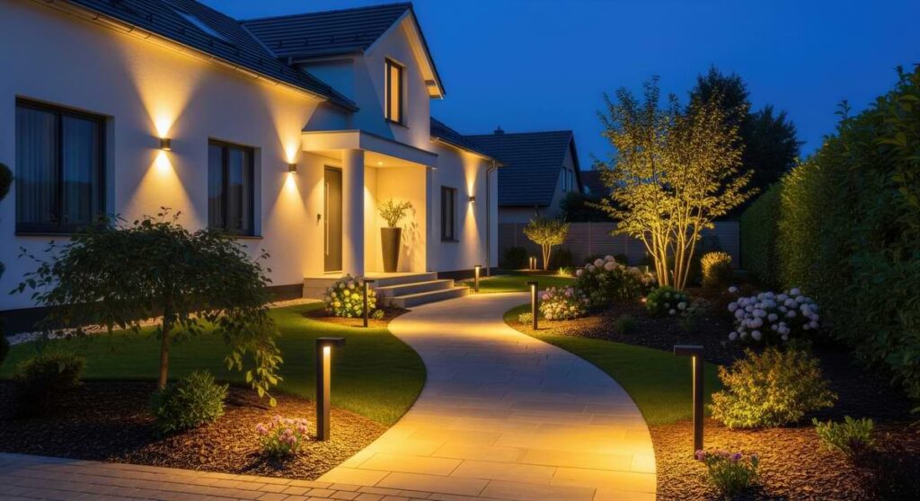 L-shaped modern path lights lining a moderately winding sidewalk leading to a front door.