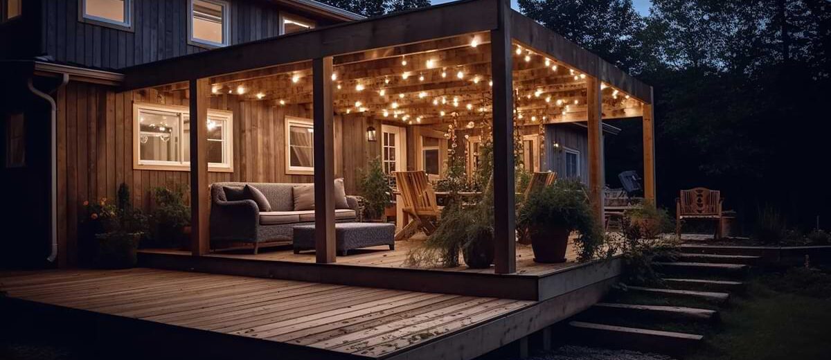 Patio string lights woven through the rafters of a pergola over the backyard deck of a two-story modest home.