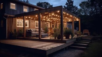 Patio string lights woven through the rafters of a pergola over the backyard deck of a two-story modest home.