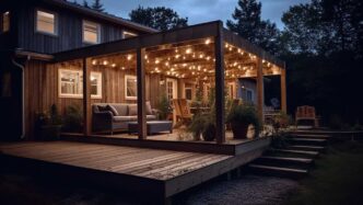 Patio string lights woven through the rafters of a pergola over the backyard deck of a two-story modest home.