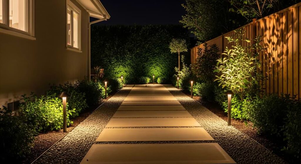 Conical path lights lining a cement walkway on the side of a house. 