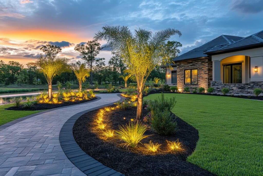 Winding brick pathway flanked by gardens on each side with inground lights uplighting each plant of the garden.