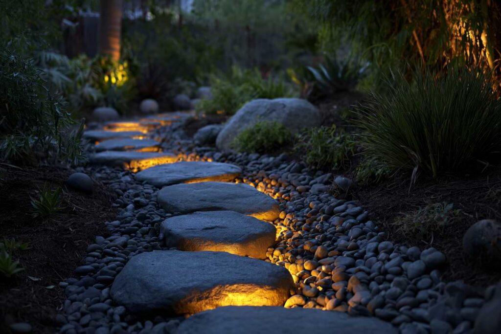 Stone pathway with inground lights providing gentle illumination between each stone.