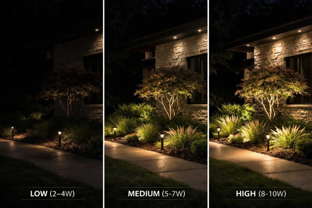 Triptych of dimmed lights by wattage on front of home.  