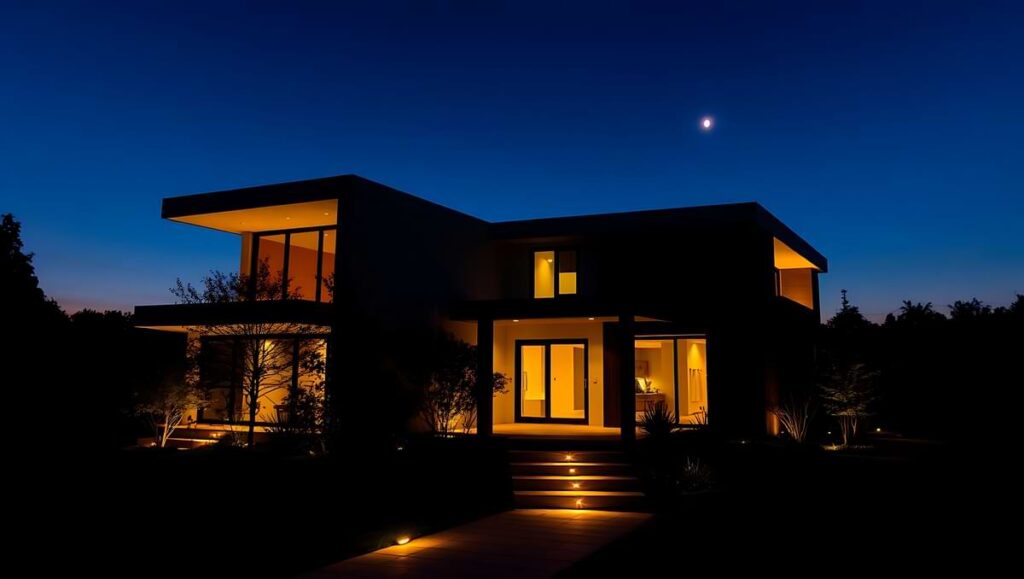 Modern home at night with dimmed outdoor lighting along the entryway steps and exterior.