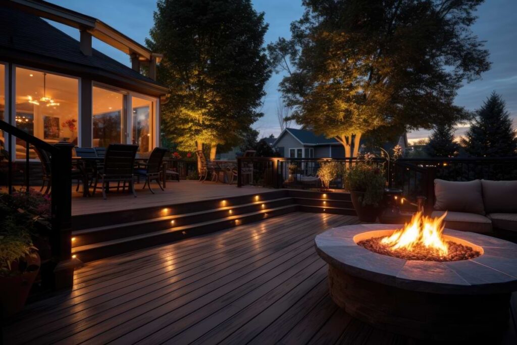 Backyard patio with flagstone fire pit ablaze.