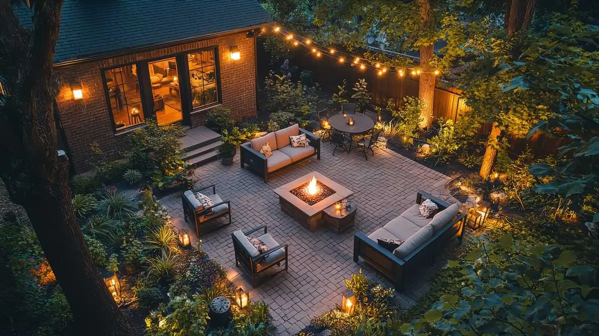 Areal shot of fire pit table-anchored backyard patio at dusk.