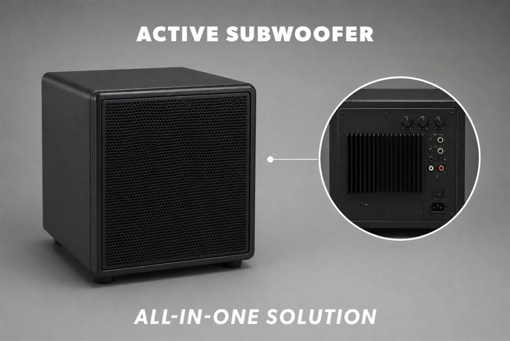 Infographic illustrating an amplifier included in the active subwoofer.