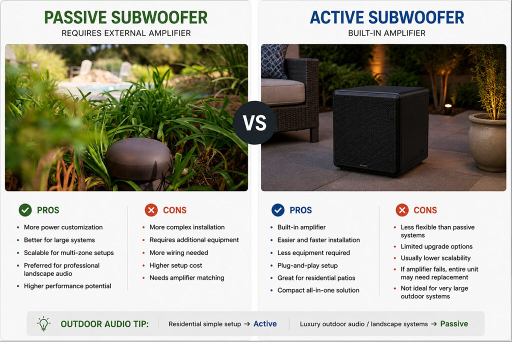 Infographic differentiating active and passive subwoofers.