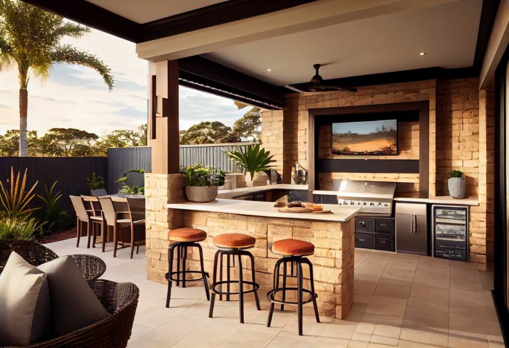 Outdoor kitchen with stainless steel appliances on a sunny day.