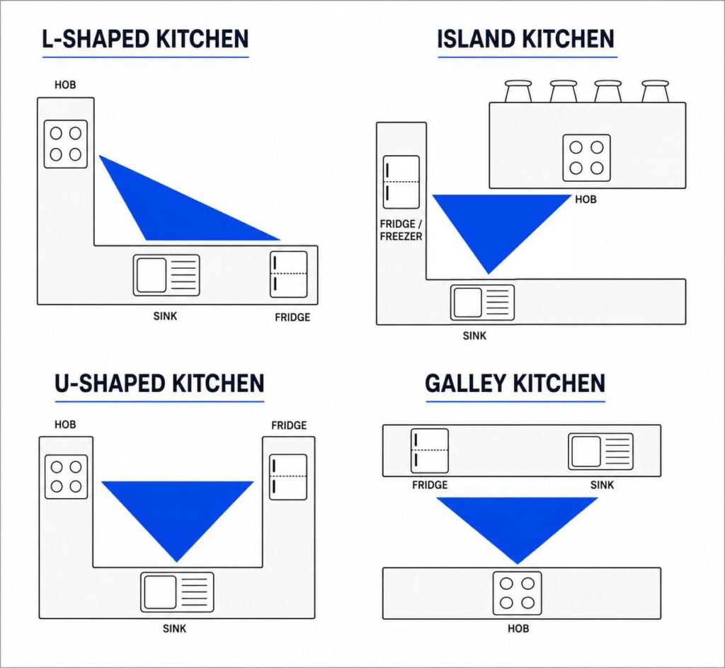 Infographic of kitchen triangle design for L-shaped, Island, U-Shaped, and Galley kitchens.