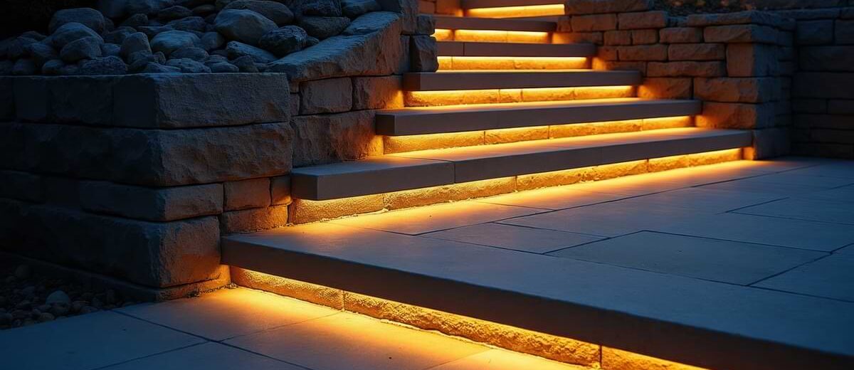 LED strip lights on stairs at night.