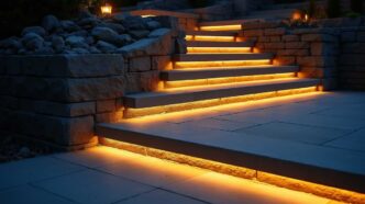 LED strip lights on stairs at night.