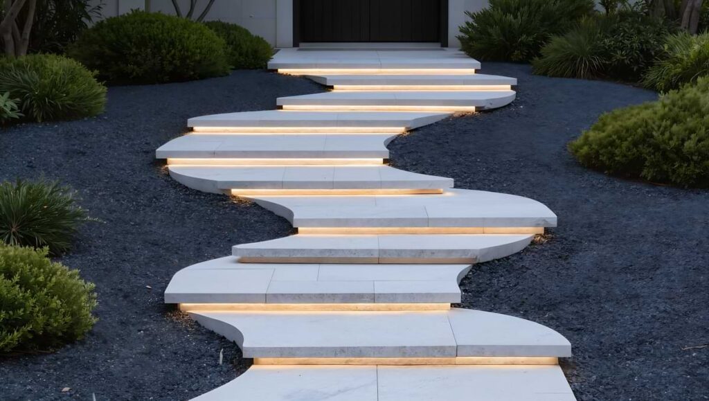 Stirp lights on a modern, winding entry way stair case.
