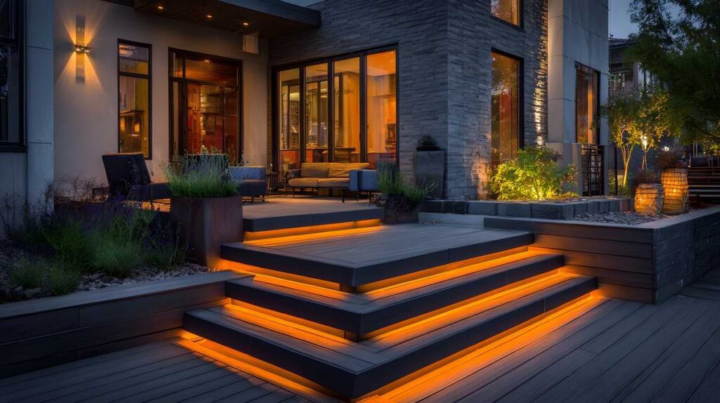Strip lights on patio steps at night.