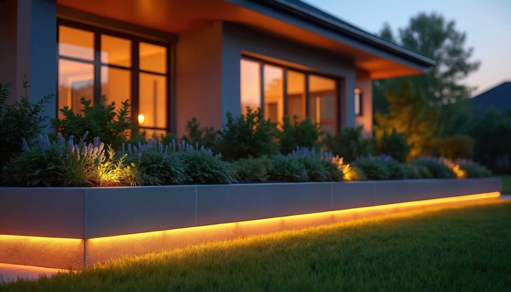 Strip light running along the base of a garden wall. 