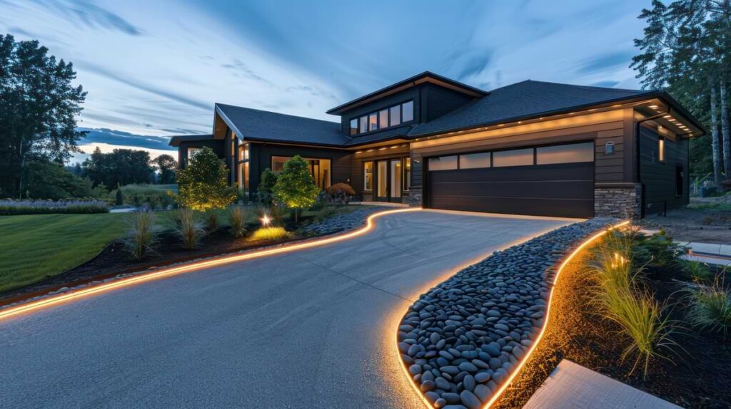Strip lights chasing the perimeter of a rock garden and driveway. 